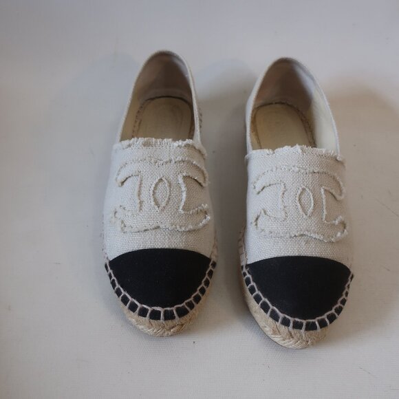 Authentic Womens Chanel Rev Coco Beige Black Linen Flat Espadrille Shoes 38 US/8 - Picture 4 of 14